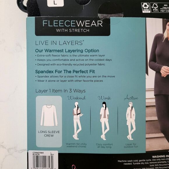 Cuddl Duds Large Black Long Sleeve Crew Shirt FLEECEWEAR Stretch Warm Top NEW - Picture 6 of 9